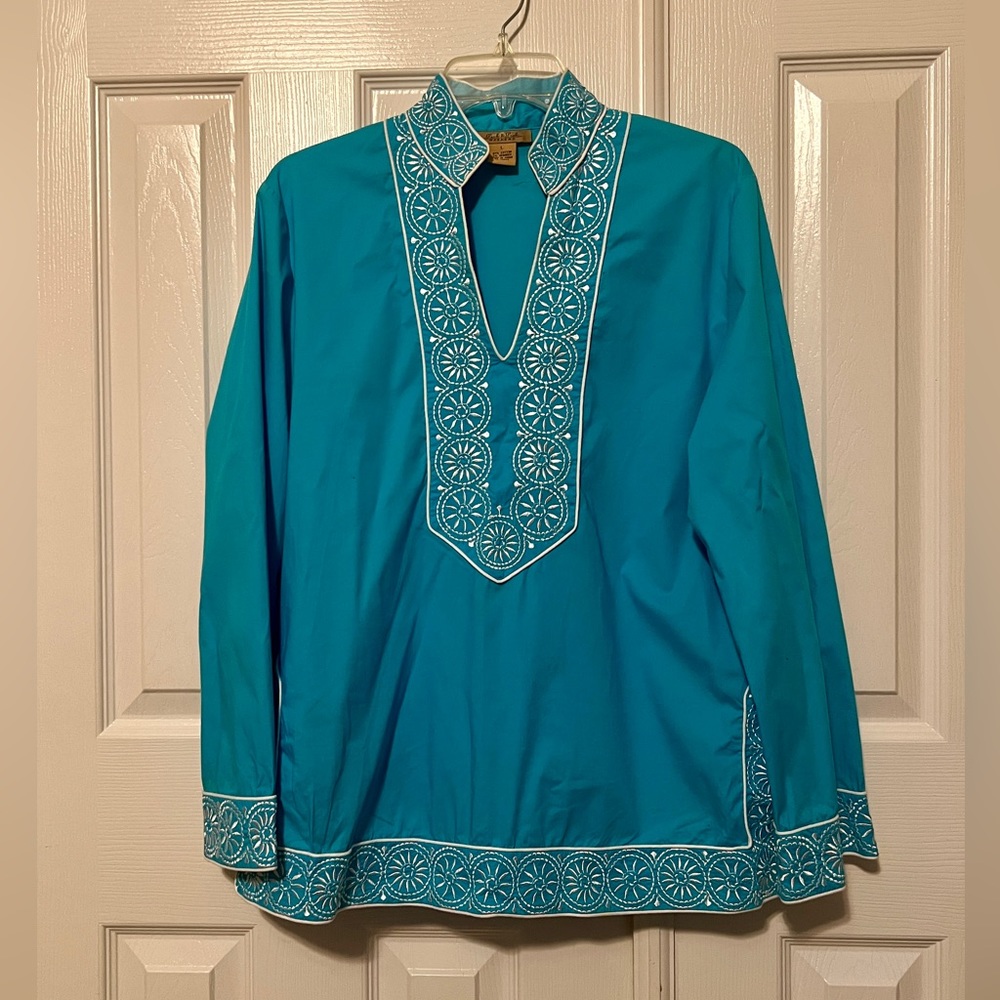 Peck & Peck Women’s Blue White Long Sleeve Tunic Top Blouse Large